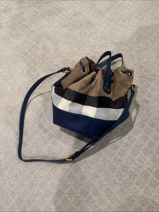 Burberry Navy, Beige & Black Check Drawstring Bucket Bag